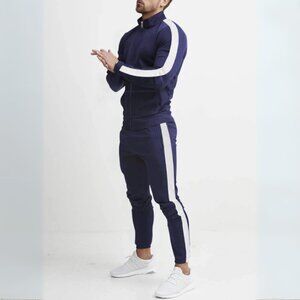 Men's Navy Blue & White Side Stripe Zip Up Top & Pants Athletic Outfit